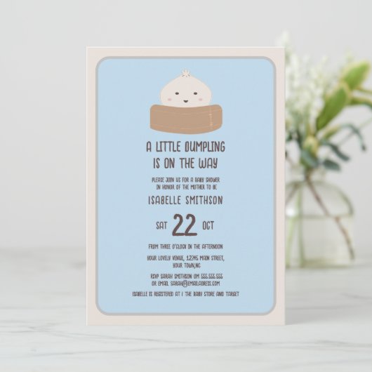 Kleine dumpling op de weg blauw Baby shower Kaart (Staand voorkant)