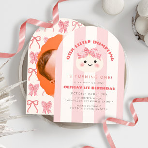 Kleine Dumpling Roze Streep Boog Eerste Verjaardag Kaart