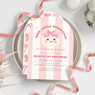 Kleine Dumpling Roze Strepen Meisje 1e Verjaardag Kaart