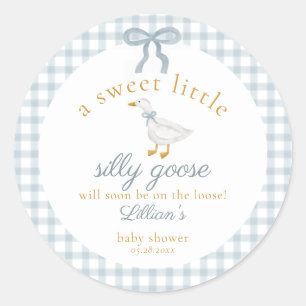 Kleine Dwaze Gans Boog Baby Shower Blauwe Gingham Ronde Sticker