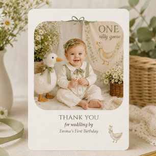 Kleine Dwaze Gans Saliegroen Eerste Verjaardag Bedankkaart