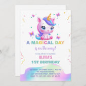 Kleine Eenhoorn Regenboog Verjaardag Uitnodigingen (Voorkant / Achterkant)