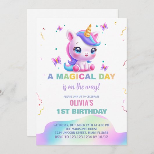 Kleine Eenhoorn Regenboog Verjaardag Uitnodigingen (Voorkant / Achterkant)