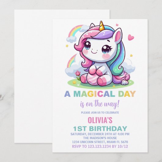 Kleine Eenhoorn Verjaardag Uitnodigingen (Voorkant / Achterkant)