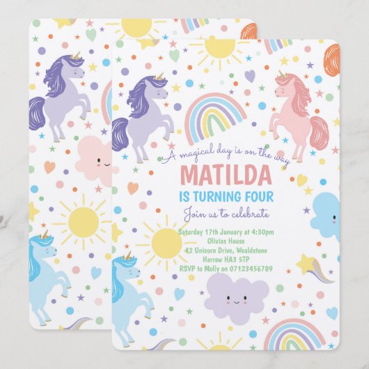  Kleine Eenhoorns Uitnodigingen (Voorkant / Achterkant)