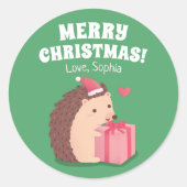 Kleine egel met kerstcadeautjes ronde sticker (Voorkant)