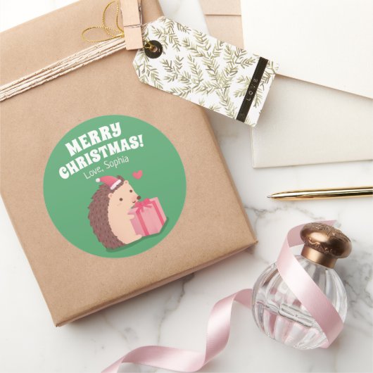 Kleine egel met kerstcadeautjes ronde sticker (Geschenken)