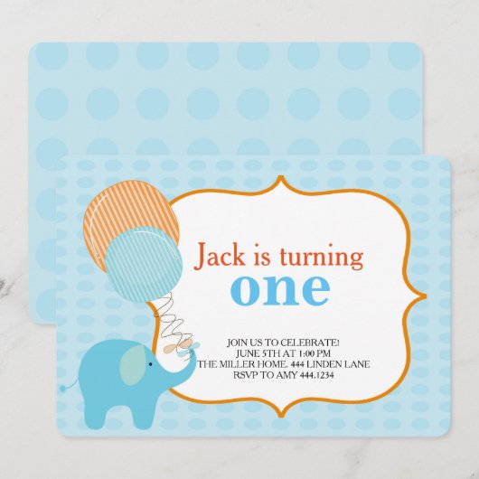 Kleine Elephant First Birthday Invitations Kaart (Voorkant / Achterkant)