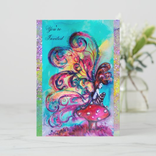 KLEINE ELF VAN MUSHROOMEN, paarse gele blauwe glan Kaart (Staand voorkant)