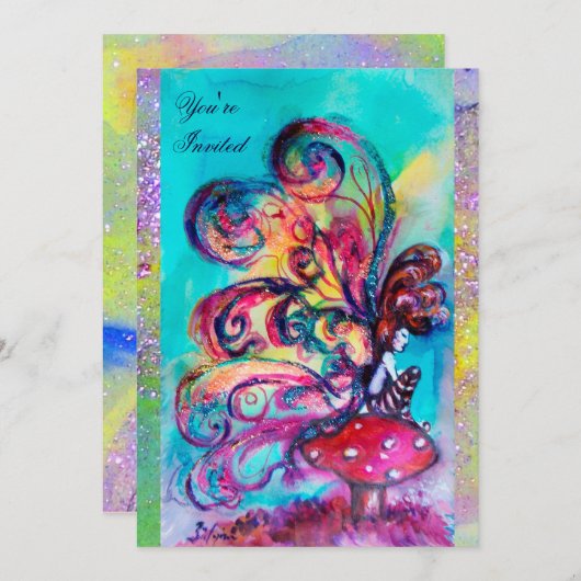 KLEINE ELF VAN MUSHROOMEN, paarse gele blauwe glan Kaart (Voorkant / Achterkant)