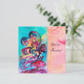 KLEINE ELF VAN MUSHROOMEN, roze gele blauwe glans Kaart (Staand voorkant)