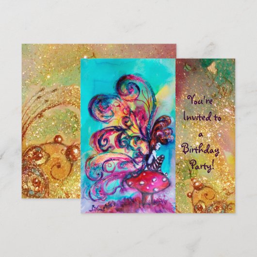 KLEINE ELF VAN PADDENSTOELEN, roze geel blauw glin Kaart (Voorkant / Achterkant)