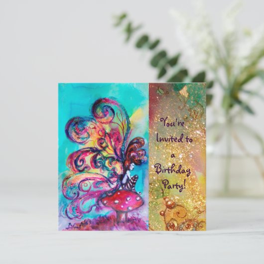 KLEINE ELF VAN PADDENSTOELEN, roze geel blauw glin Kaart (Staand voorkant)