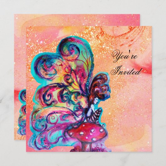 KLEINE ELF VAN PADDENSTOELEN, roze geel glinsteren Kaart (Voorkant / Achterkant)