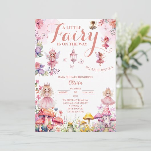 Kleine elfje baby shower Bush rozen Bloemenroze Kaart (Staand voorkant)