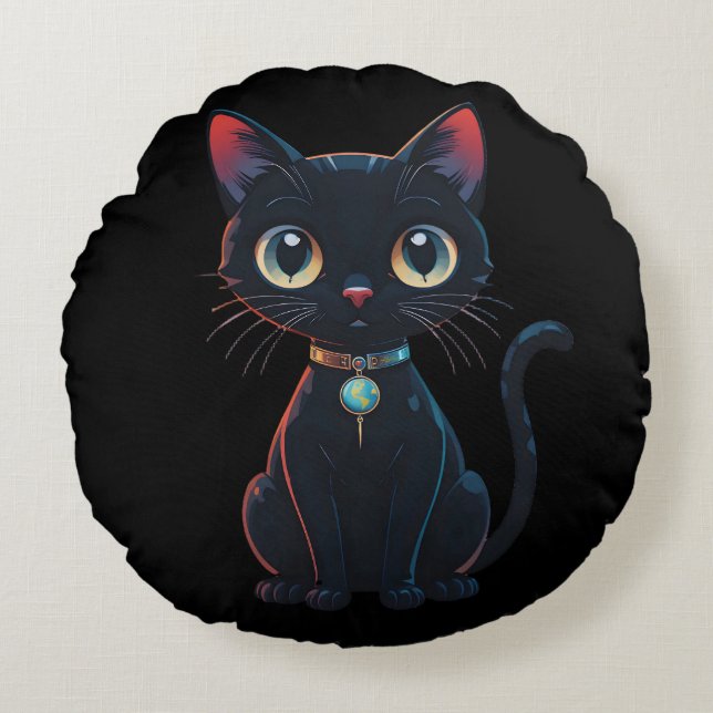 Kleine enge zwarte kat rond kussen (Voorkant)