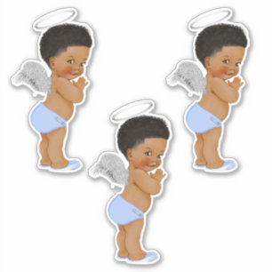 Kleine engel baby jongen lichtblauwe zilveren vleu sticker