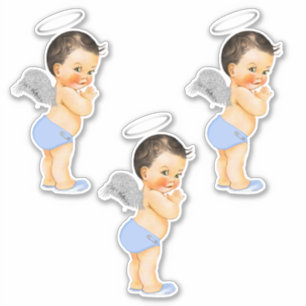Kleine engel baby jongen lichtblauwe zilveren vleu sticker