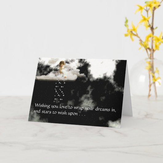 Kleine engel op een wolk verjaardag kaart (Gele Bloem)