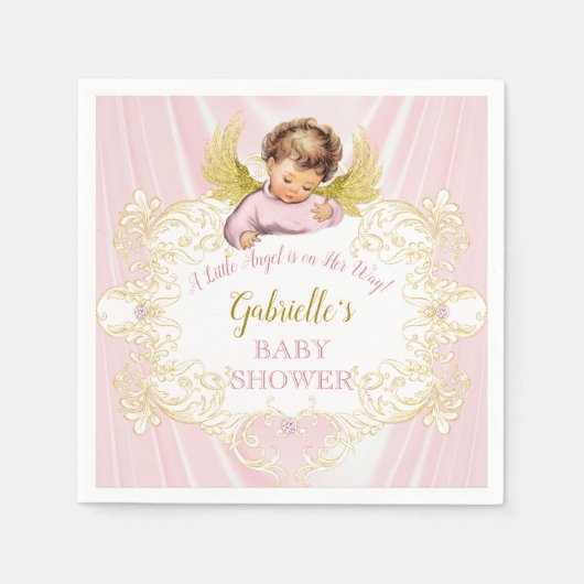 Kleine Engel op Haar Weg Roze Goud Meisje Vleugels Servet (Voorkant)