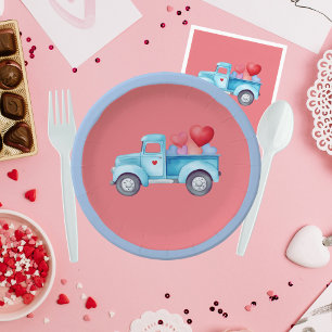 Kleine Enkele Blauwe Vrachtwagen Valentijnsfeestje Papieren Bordje