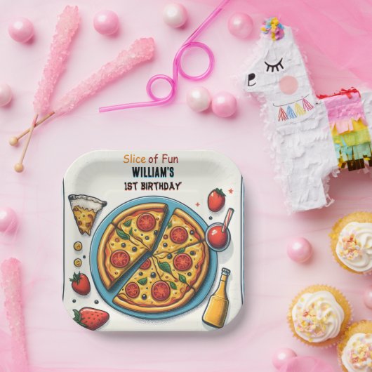 kleine eten jongen meisje tiener pizza eerste 1e v papieren bordje (Feest)