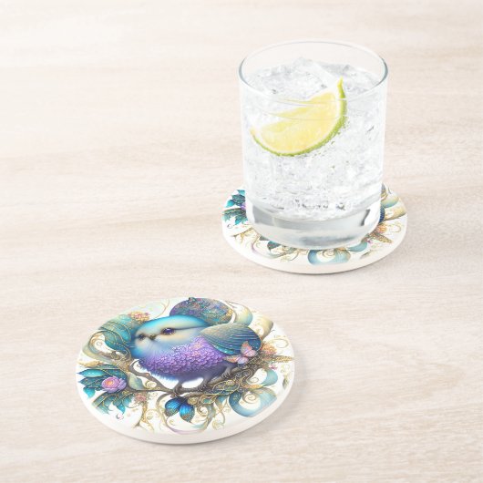 Kleine Fantasy Bird op een Twig Zandsteen Onderzetter (Zijkant)