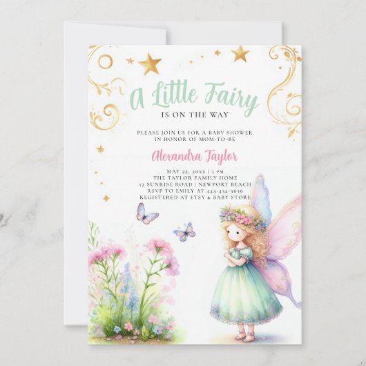 Kleine fee betoverrukte tuin baby meisje douche kaart (Voorkant)