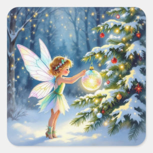 Kleine fee die kerstbomen versiert vierkante sticker