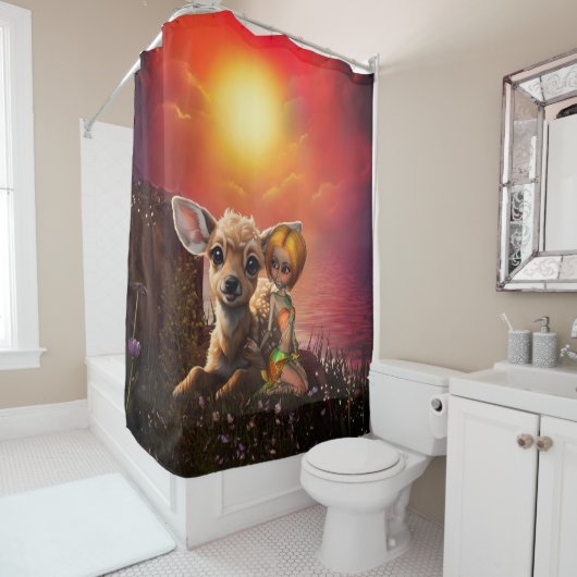 Kleine fee en de schattige fawn. douchegordijn (In situ)