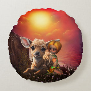 Kleine fee en de schattige fawn. rond kussen