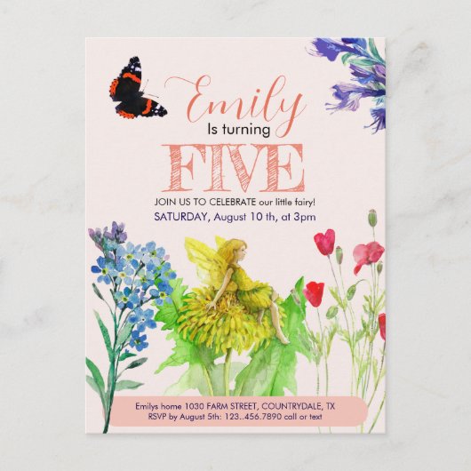 Kleine fee en wilde bloemen briefkaart (Voorkant)