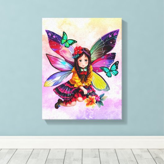 Kleine fee met bloemen canvas afdruk (Insitu (Houten vloer))