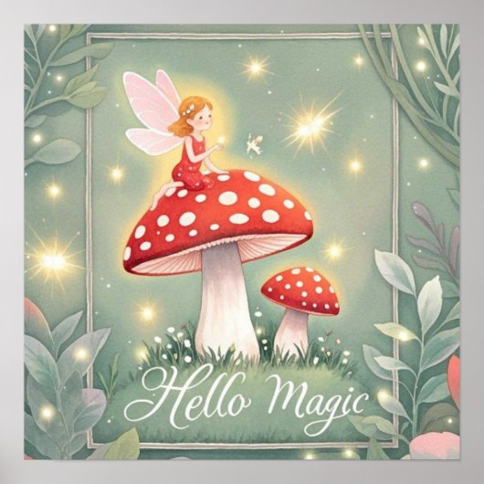Kleine fee neergestreken op de top van paddenstoel poster (Voorkant)