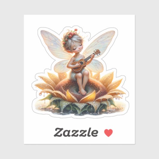 kleine fee op zonnebloem met ukelele sticker (Vel)