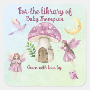 Kleine fee voor de bibliotheek van vierkante sticker
