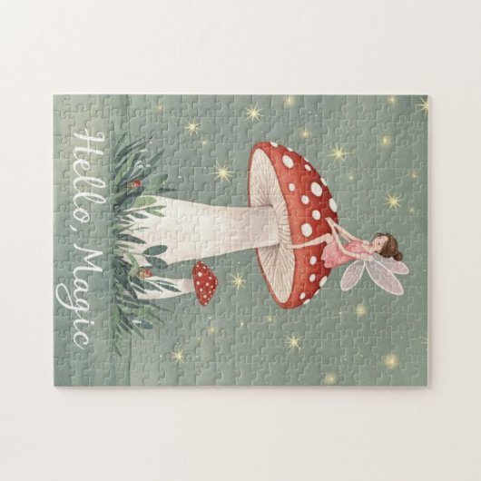 Kleine fee zit bovenop een paddestoel en gloeit legpuzzel (Horizontaal)