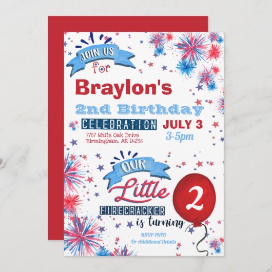 Kleine Firecracker 2e verjaardag uitnodiging (Voorkant / Achterkant)