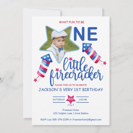 Kleine Firecracker 4th van juli Eerste Verjaardag Kaart (Voorkant)