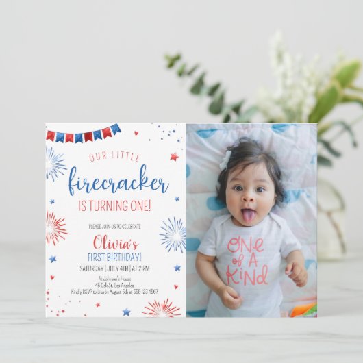 Kleine Firecracker Kids Verjaardagsfeestfoto Kaart (Staand voorkant)