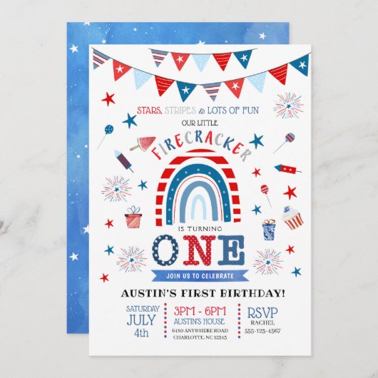 Kleine Firecracker Red White en Blue Birthday Kaart (Voorkant / Achterkant)
