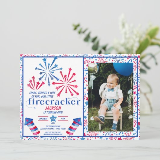 Kleine Firecracker Rood Wit Blauw Foto Verjaardag Kaart (Staand voorkant)