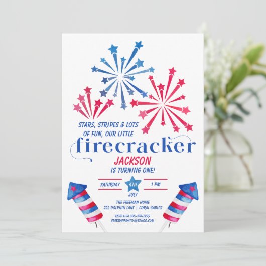 Kleine Firecracker Rood Wit Blauw Verjaardagsfeest Kaart (Staand voorkant)