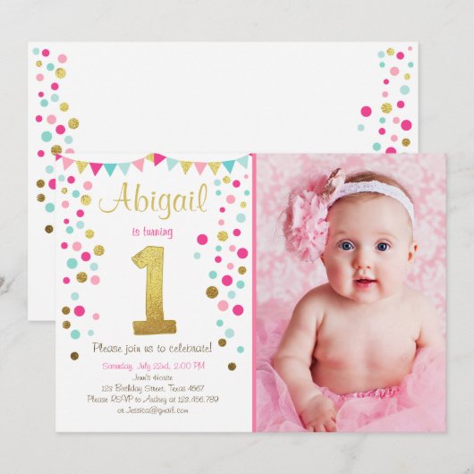 Kleine fonkelroze gouden munt verjaardagsuitnodigi kaart (Voorkant / Achterkant)