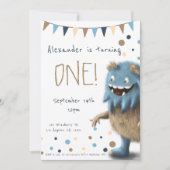 Kleine furry monster eerste verjaardag-uitnodiging kaart (Voorkant)