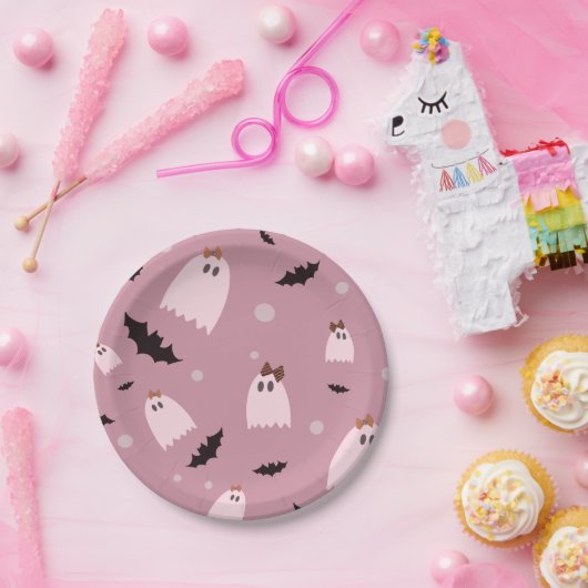 Kleine geesten met roze bogen Halloween Papieren Bordje (Feest)