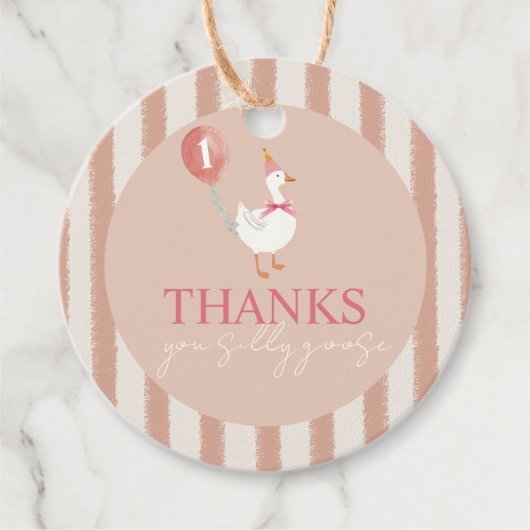 Kleine Gekke Gans Roze Ballon Meisje 1e Verjaardag Bedankjes Labels (Voorkant)