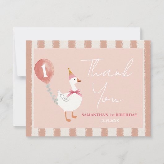 Kleine Gekke Gans Roze Ballon Meisje 1e Verjaardag Bedankkaart (Voorkant)