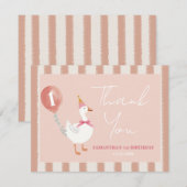 Kleine Gekke Gans Roze Ballon Meisje 1e Verjaardag Bedankkaart (Voorkant / Achterkant)