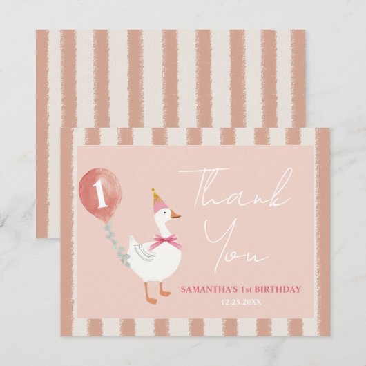 Kleine Gekke Gans Roze Ballon Meisje 1e Verjaardag Bedankkaart (Voorkant / Achterkant)